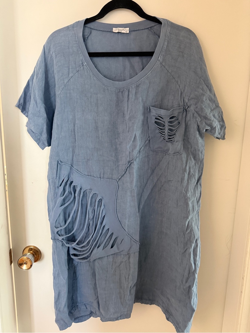 Eternelle 100% Linen Blue Distressed Tunic Dress L Lagenlook Artsy Boho